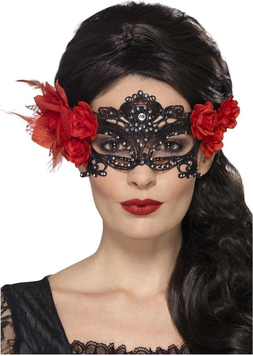 SMIFFYS - Zwart Dia de los Muertos kant masker voor volwassenen - Maskers > Masquerade masker